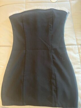 Strapless Black Mini Dress with Fringed Trim by Edikted Sz Med